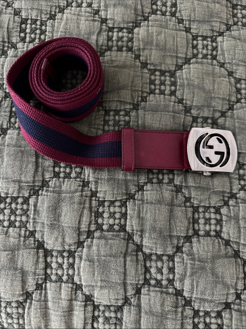 Gucci Burgundy and Navy Stripe Web Belt with Silver GG Buckle
